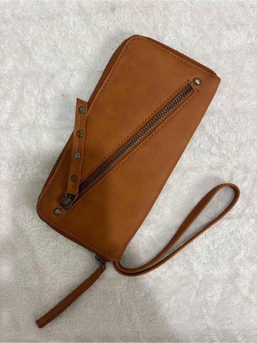 Free People Cognac Leather Wristlet Wallet with Stud Detail